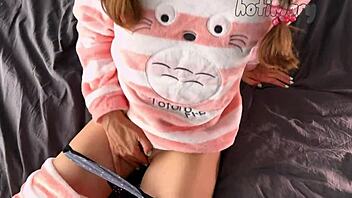 Petite teen rubs shaved pussy to intense orgasm