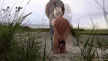 skinny teen slave leashed outdoors sucks master cock whipped submissive