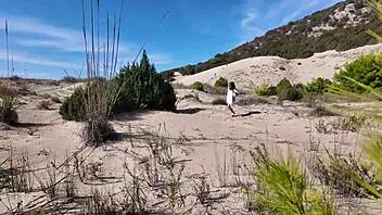 stranger eyes milf's hairy pussy on nudist beach ready for public flashing and outdoor sex?