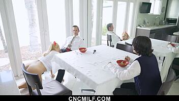 thick milf lets petite guy use her during chores