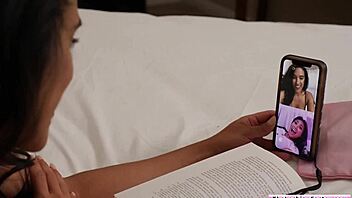 Brunette Latina dives into Asian babe's shaved pussy