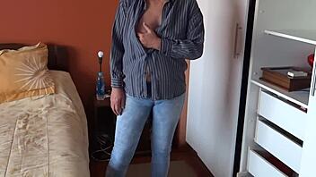 mature milf masturbates as friend watches her grope huge tits