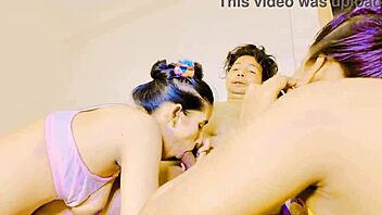 brunette amateur fucked hard in steamy threesome scene