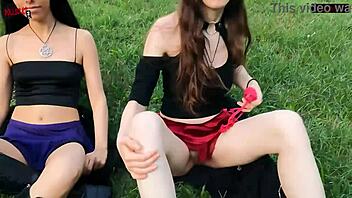 two cute brunette girlfriends flash lick wet pussies in public lesbian tease