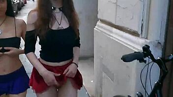 two cute brunette girlfriends flash lick wet pussies in public lesbian tease