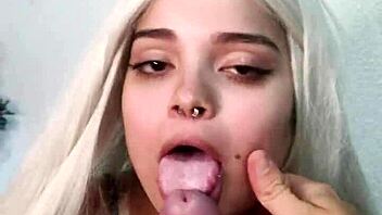 Intense deepthroat blowjob ends cumshot witch mouth