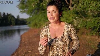 Curvy mature brunette flashes big ass thong at beach lake