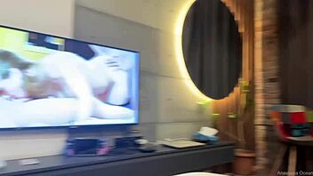 Brunette exhibitionist flashes shaved pussy kisses cum cock