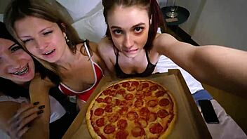 hungry hot bitches devour courier's cock roughly