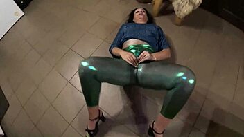 she deepthroats hard then plays cum on shiny cameltoe