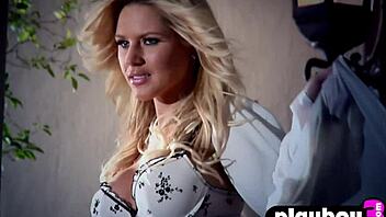 Busty blonde cougar poses stripping lingerie for playboy 📸😍