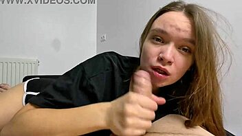 cute teen in new clothes plays with cock and gives blowjob 😘🍆