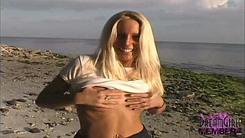 blonde dream girl flashes shaved pussy in public spots