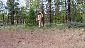 Naked Exhibitionist Flashes Sheer Body at Campground Entrance in Public Thrill!