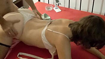 White slut in thong corset heels gives pov blowjob doggystyle