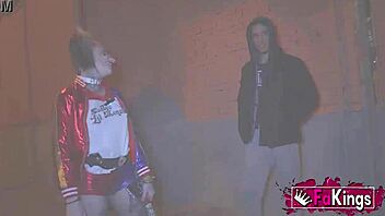 harley quinn cosplayer burns with lust seducing street strangers passionately
