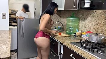 his cock hardened seeing ass in kitchen bikini cook