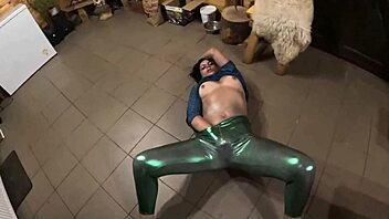 she deepthroats hard then plays cum on shiny cameltoe