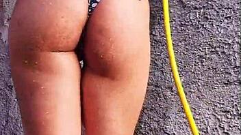 risky backyard nude bath spied by neighbor leading to instant anal creampie fuck