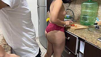 his cock hardened seeing ass in kitchen bikini cook