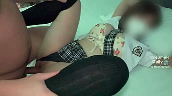 Juicy big ass asian student creampied after skirt ripped tight pussy ride