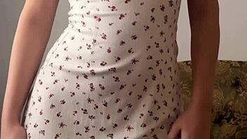 Cute petite teen fingers wet shaved pussy with dildo moans