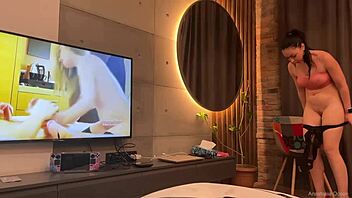 Brunette exhibitionist flashes shaved pussy kisses cum cock