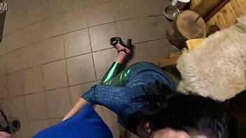 she deepthroats hard then plays cum on shiny cameltoe