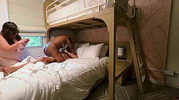 hey wanna join this wild hotel threesome on the bunk bed with mature hairy pussy pounding