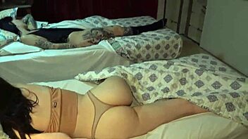 Sneaks into bedroom for rough threesome with juicy latina sluts