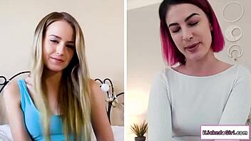 blonde and brunette lesbian lovers finger hairy pussies on webcam in lingerie