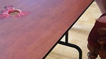 femdom stomps huge cock cum out on desk barefoot