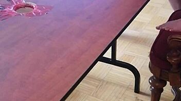 femdom stomps huge cock cum out on desk barefoot