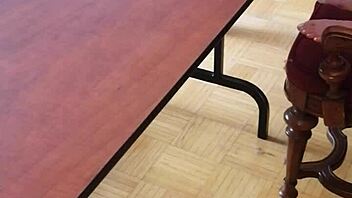 femdom stomps huge cock cum out on desk barefoot