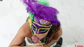 Busty oiled brunette milf flashes thick ASS and TITS for mardi gras fun camela clutch