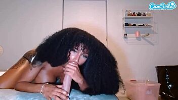 big ass ebony milf oils her huge tits before riding dildo deep in wet pussy