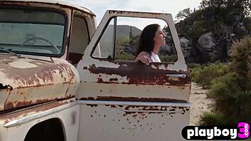 Petite brunette milf Carmen Nikole strips after Lilith Noir's outdoor pose