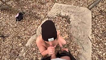 blonde flashes big natural tits then fucks outdoors forest striptease