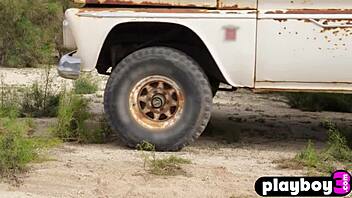 Petite brunette milf Carmen Nikole strips after Lilith Noir's outdoor pose