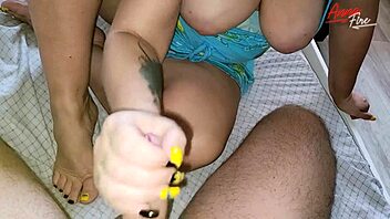 Big tits mature helps cum on bed