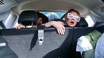 brunette milf bent over in car for doggystyle cum in mouth