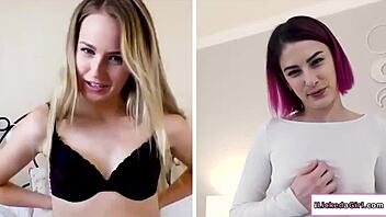 blonde and brunette lesbian lovers finger hairy pussies on webcam in lingerie