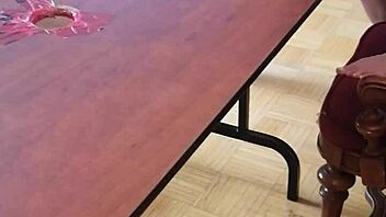 femdom stomps huge cock cum out on desk barefoot