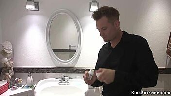 blonde bdsm slave bound tight takes rough pussy fucking in chains