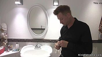 blonde bdsm slave bound tight takes rough pussy fucking in chains