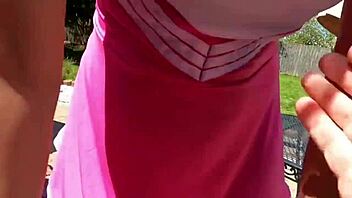 Cheerleader in costume bends over for older man's creampie doggystyle