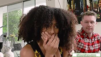 ebony teen with braces fingers pussy then sucks and rides big cock