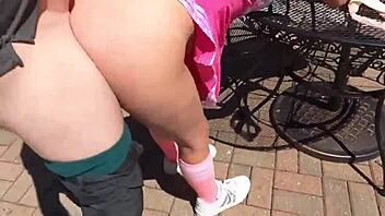 Cheerleader in costume bends over for older man's creampie doggystyle