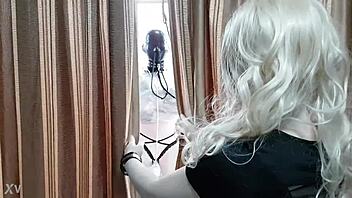 Bound in 1mm rubber mask for outdoor latex bondage play