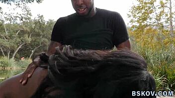 busty ebony babe grinds her big ass on monster cock outdoors